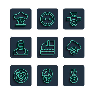 Set line Atom Planet earth and radiation Radiation electrical plug Industry pipe valve Wastewater Nuclear reactor worker explosion and Acid rain radioactive cloud icon. Vector.