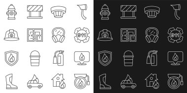 Set line Ringing alarm bell Location with fire flame Emergency call 911 Smoke system Evacuation plan Firefighter helmet hydrant and Gas mask icon. Vector.