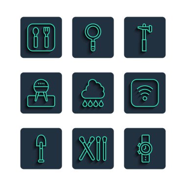 Set line Shovel Match stick Wrist watch Hammer Cloud with rain Barbecue grill Fork and spoon and Wi-Fi wireless internet icon. Vector.