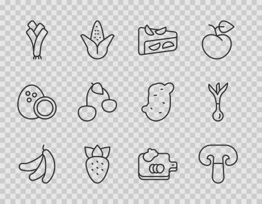 Set line Banana Mushroom Homemade fruit pie Strawberry Leek Cherry Cutting board with vegetables and Onion icon. Vector.