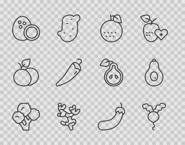 Set line Broccoli Radish Orange fruit Ginger root Coconut Hot chili pepper Eggplant and Avocado icon. Vector.