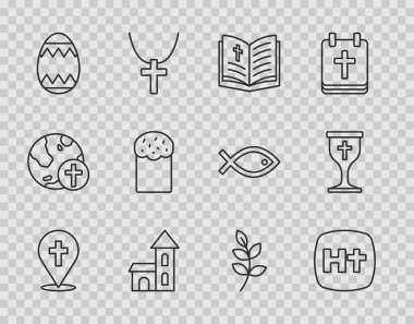 Set line Location church building Christian cross Holy bible book Church Easter egg cake Willow leaf and chalice icon. Vector.
