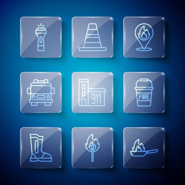 Set line Fire boots Burning match with fire Pan Location flame Building of station truck Flashlight and bucket icon. Vector.