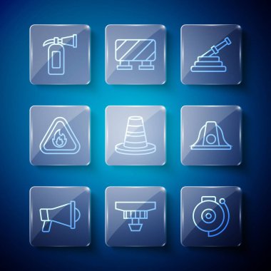 Set line Megaphone Smoke alarm system Ringing bell Fire hose reel Traffic cone flame triangle extinguisher and Firefighter helmet icon. Vector.