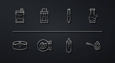 Set line Cigarettes pack box Ashtray Bong Electronic cigarette Tobacco leaf shop Vape mod device Burning match with fire and icon. Vector.