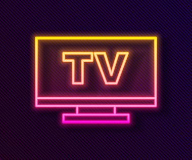 Parlayan neon hattı Akıllı TV simgesi siyah arkaplanda izole edildi. Televizyon tabelası. Vektör.