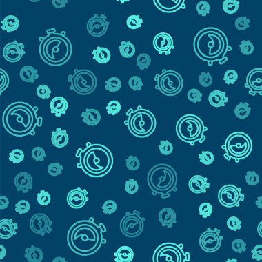 Yeşil çizgi Stopwatch simgesi mavi arkaplandaki kusursuz deseni izole etti. Zaman göstergesi. Kronometre işareti. Vektör.