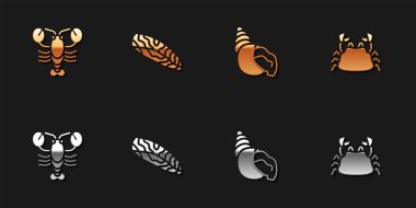 Set Lobster, Fish steak, Scallop sea shell and Crab icon. Vector.