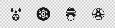Set Acid rain and radioactive cloud, Atom, Nuclear reactor worker and Biohazard symbol icon. Vector.