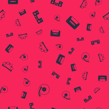 Set Vinyl player Home stereo with two speakers Tambourine and Retro audio cassette tape on seamless pattern. Vector.