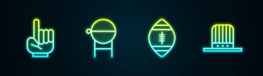 Set line Number 1 one fan hand glove, Barbecue grill, American Football ball and Patriotic top hat. Glowing neon icon. Vector.