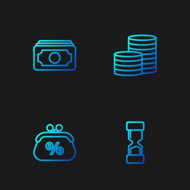 Set line Old hourglass, Purse money percent, Stacks paper cash and Coin. Gradient color icons. Vector.