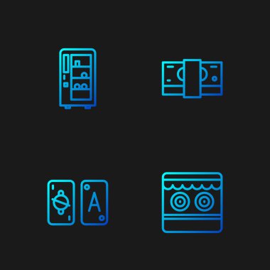 Set line Shooting gallery, Tarot cards, Vending machine and Stacks paper money cash. Gradient color icons. Vector.