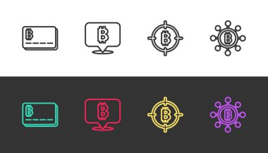 Set line Credit card with bitcoin, Bitcoin, the target and Blockchain technology on black and white. Vector.
