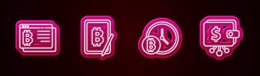 Set line Bitcoin in browser, Mining bitcoin from tablet, with clock and Cryptocurrency wallet. Glowing neon icon. Vector.