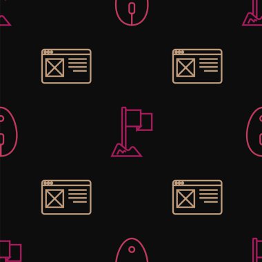 Set line Computer mouse, Browser window and Location marker on seamless pattern. Vector.