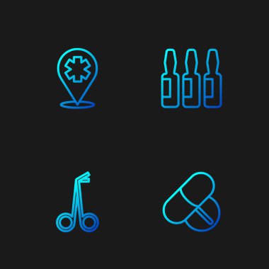 Set line Medicine pill or tablet, Medical scissors, Location with cross hospital and vial, ampoule. Gradient color icons. Vector.