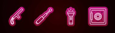 Set line Police rubber baton, Telescopic, Flashlight and Safe. Glowing neon icon. Vector.