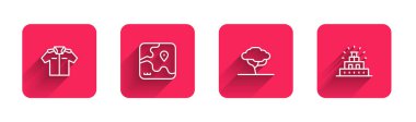 Set line Shirt Africa safari map African tree and Chichen Itza in Mayan with long shadow. Red square button. Vector.