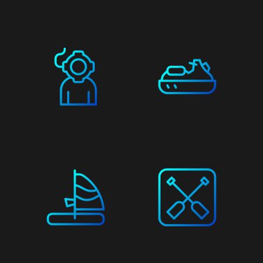 Set line Paddle Windsurfing Aqualung and Jet ski. Gradient color icons. Vector.
