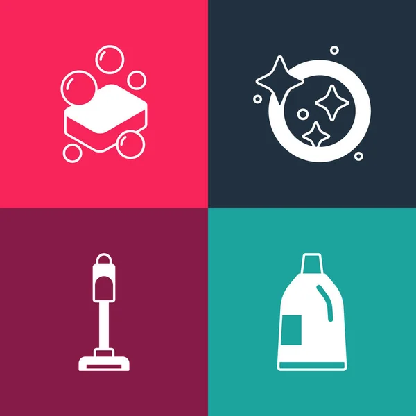 Set Pop Art Bottle Cleaning Agent Vacuum Cleaner Washing Dishes — Vector de stock
