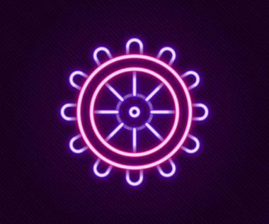 Parlayan neon hattı direksiyon simgesi siyah arkaplanda izole edildi. Renkli taslak konsepti. Vektör.