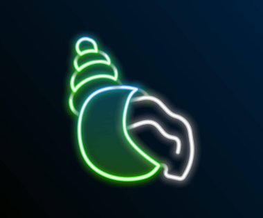 Parlayan neon hattı Scallop deniz kabuğu simgesi siyah arkaplanda izole edildi. Deniz kabuğu işareti. Renkli taslak konsepti. Vektör.