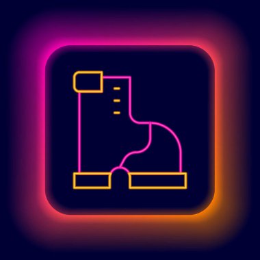 Parlayan neon hattı, siyah zemin üzerinde izole edilmiş sıcak bot ikonu. Su geçirmez lastik bot. Renkli taslak konsepti. Vektör.