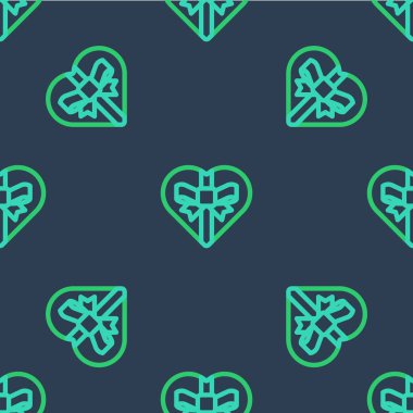 Line Candy in heart shaped box and bow icon isolated seamless pattern on blue background. Valentines Day. Vector.