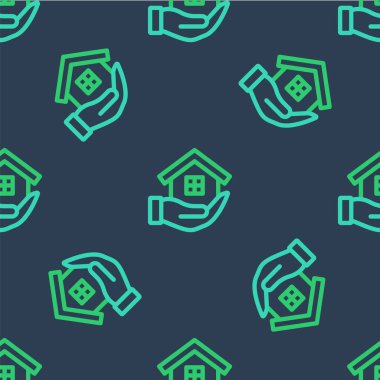 Satır Evi 'nin el simgesi mavi arka planda izole edilmiş kusursuz desen. Sigorta konsepti. Güvenlik, güvenlik, koruma, konsept koruma. Vektör.
