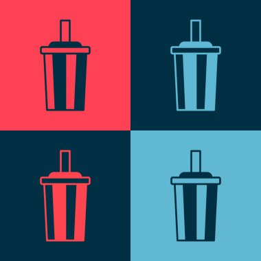 Kamış içen kağıt bardak ve renkli arka planda izole edilmiş su ikonu. Soda bardağı. Taze soğuk içecek sembolü. Vektör.