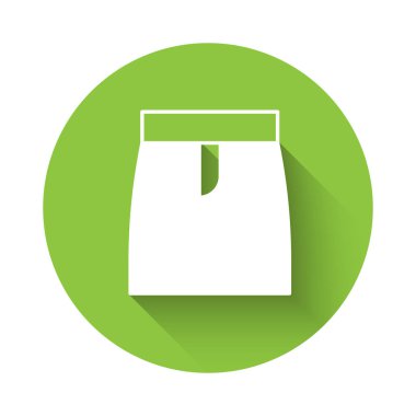 Beyaz etek simgesi uzun gölge arkaplan izole. Yeşil daire düğmesi. Vektör.