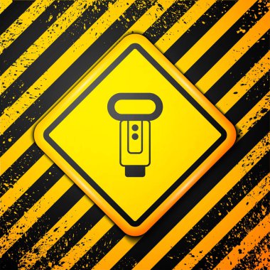 Siyah fotoğraf makinesi flaş ikonu sarı arkaplanda izole edildi. Uyarı işareti. Vektör.