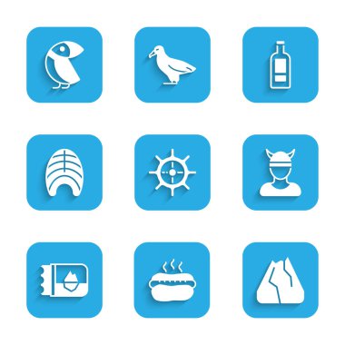 Set Ship steering wheel Hotdog sandwich Mountains Viking head Ticket Iceland Fish steak Bottle of vodka and Albatross icon. Vector.