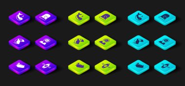 Set Map of Iceland Kayak paddle Albatross Location flag Christmas mittens and Whale icon. Vector.