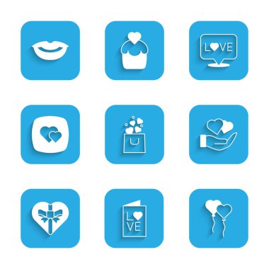 Set Shopping bag with heart Valentines day party flyer Balloons form of Heart hand Candy shaped box Love text and Smiling lips icon. Vector.