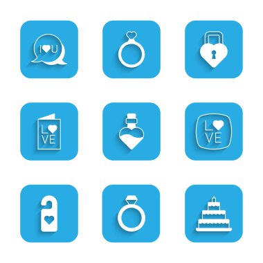 Set Bottle with love potion Wedding rings cake Love text Please do not disturb heart Valentines day party flyer Castle the shape of and Speech bubble I you icon. Vector.