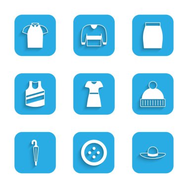 Set Woman dress Sewing button for clothes Elegant women hat Beanie Umbrella Undershirt Skirt and Polo icon. Vector.
