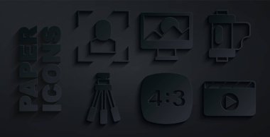 Set Photo frame 4 Camera film roll cartridge Tripod Movie clapper retouching and focus line icon. Vector.