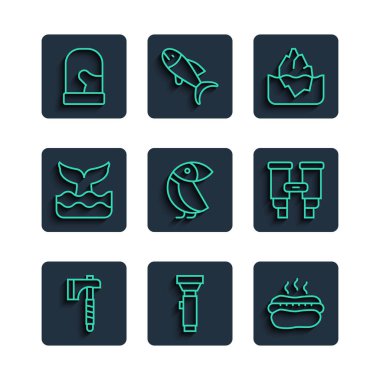 Set line Wooden axe Flashlight Hotdog sandwich Iceberg Albatross Whale tail Christmas mittens and Binoculars icon. Vector.