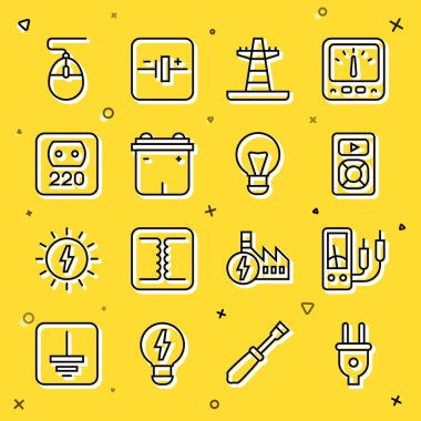 Set line Electric plug Ampere meter multimeter Music player tower line Car battery Electrical outlet Computer mouse and Creative lamp light idea icon. Vector.