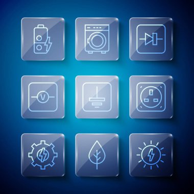 Set line Gear and lightning Leaf Eco symbol Solar energy panel Diode electronic circuit Electrical ground Voltmeter Battery charge and outlet icon. Vector.