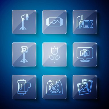 Set line Camera film roll cartridge Photo camera frame mode macro Studio light bulb in softbox and icon. Vector.