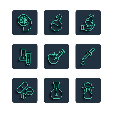 Set line Medicine pill or tablet Test tube Explosion the flask Genetically modified apple Atom and Pipette icon. Vector.