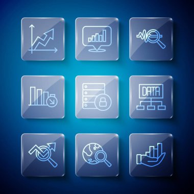 Set line Search data analysis globe Pie chart infographic Server security with padlock Financial growth decrease and Data icon. Vector.