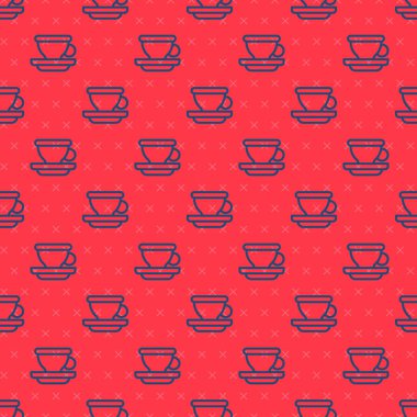 Mavi çizgi kahve bardağı ikonu kırmızı arka planda pürüzsüz desen izole etti. Çay fincanı. Sıcak içecek kahvesi. Vektör.