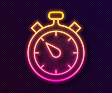 Parlayan neon hattı Stopwatch simgesi siyah arkaplanda izole edildi. Zaman göstergesi. Kronometre işareti. Vektör.