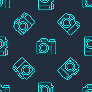Yeşil çizgi fotoğraf makinesi ikonu mavi arkaplanda kusursuz desen izole etti. Foto kamera. Dijital fotoğrafçılık. Vektör.