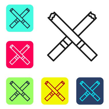 Siyah çizgi sigara simgesi beyaz arkaplanda izole edildi. Tütün tabelası. Sigara içme sembolü. Renkli kare düğmelerle simgeleri ayarla. Vektör.