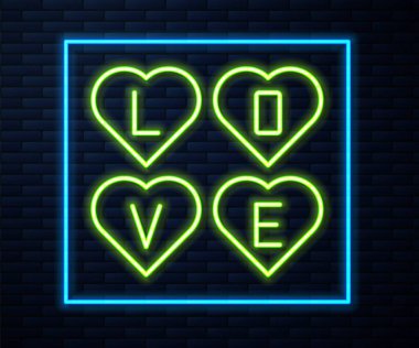 Parlayan neon hattı Aşk metni simgesi tuğla duvar arka planında izole edildi. Sevgililer Günü tebrik kartı şablonu. Vektör.